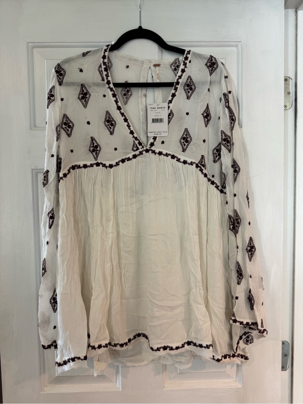 Free People Cream Boho Embroidered V-Neck Tunic